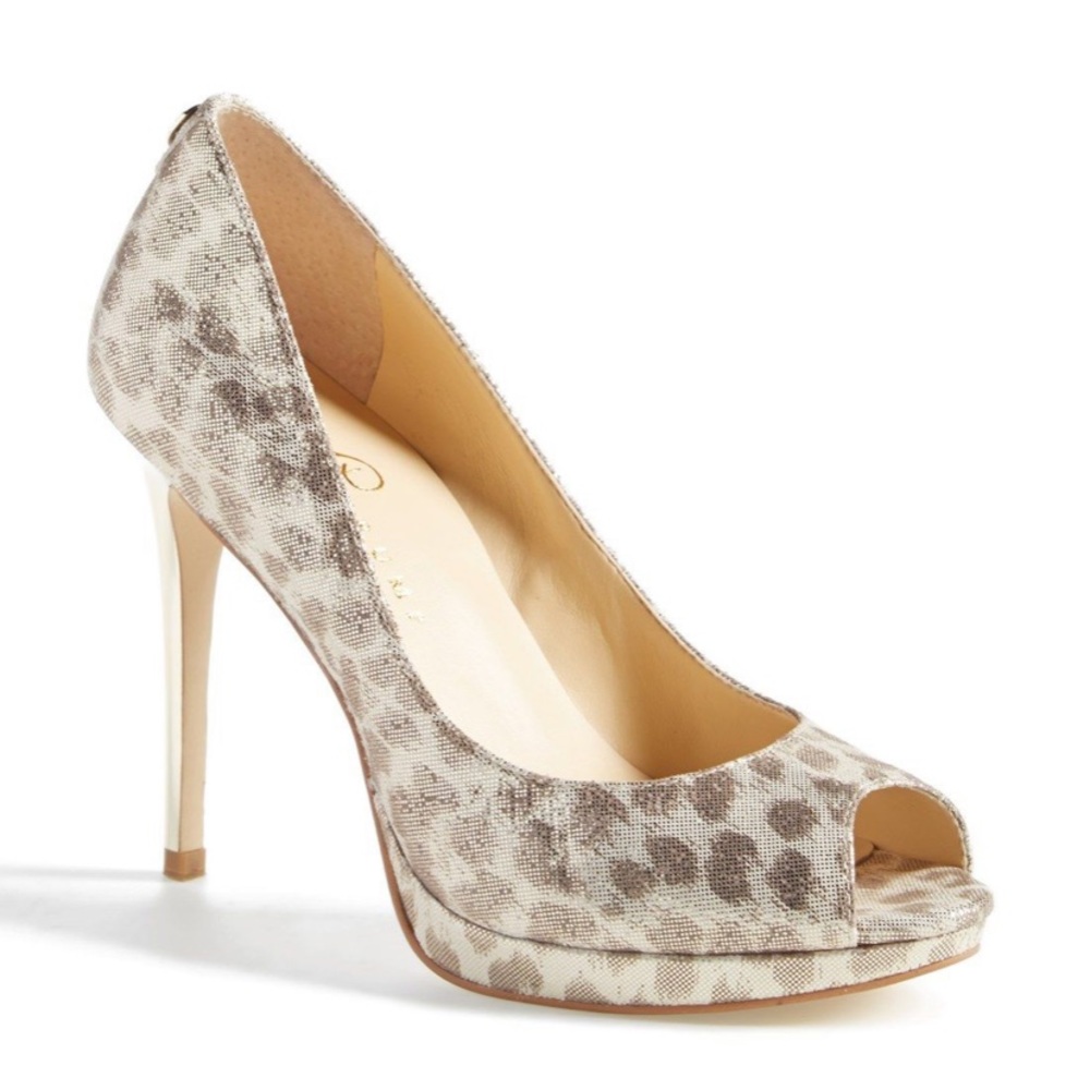 Ivanka Trump Maggie Gold Leopard Peep Toe Heels